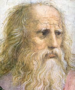 Raffaello Sanzio, Scuola di Atene, dettaglio con Platone, 1509-11, Stanza della Segnatura, Musei Vaticani
